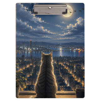 Mondlicht-Katze, die durch das Fenster auf die näc Klemmbrett