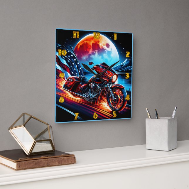 Mondlicht-Kreuzfahrt mit amerikanischer Flagge Quadratische Wanduhr (Büro)