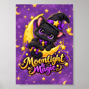 Mondlicht-Magie-Schwarze-Katze-Hexe-Fantasy-Wandku Poster