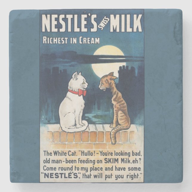 Mondlicht-Milchkätzchen | Vintage Nestlé Schweizer Steinuntersetzer (Vorderseite)
