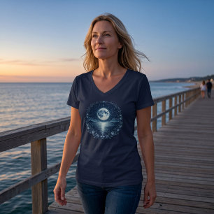 Mondlicht-Ozean-Himmelsnacht-V-Ausschnitt-T-Shirt T-Shirt