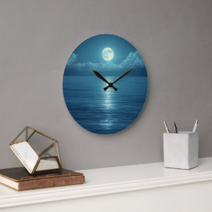 Mondlicht-Ozean-Leinwandkunst Vollmond über ruhi Große Wanduhr