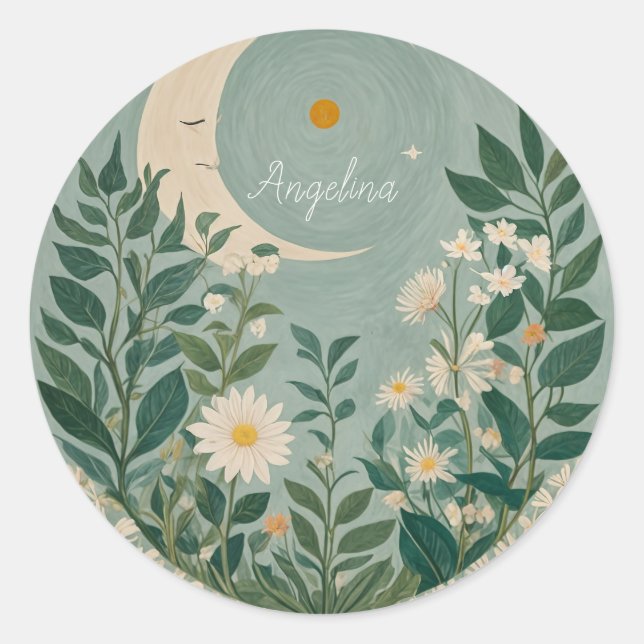Mondlicht: Pastellblumen und Halbmond Runder Aufkleber (Vorderseite)