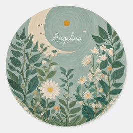 Mondlicht: Pastellblumen und Halbmond Runder Aufkleber