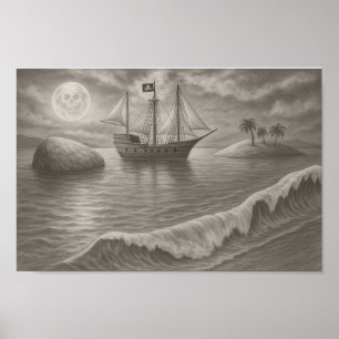 Mondlicht-Piratenschiff-Zeichnung – Nautische Fant Poster