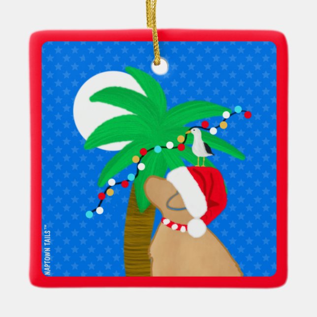 Mondlicht Santa Yellow Dog Trimming Palm Tree Keramikornament (Vorderseite)
