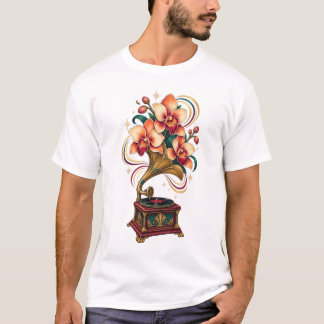 Mondlicht-Schallplattenspieler-Orchidee Retro-T-Sh T-Shirt