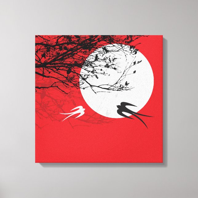Mondlicht Schwalben Silhouette Rot Wrapped Canvas Leinwanddruck (Vorderseite)