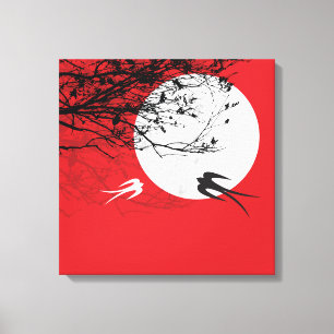 Mondlicht Schwalben Silhouette Rot Wrapped Canvas Leinwanddruck