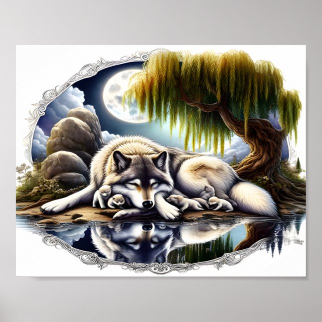 Mondlicht-Stille Ein schlummernder Wolf 10x8 Poster (Vorne)
