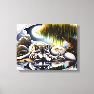 Mondlicht-Stille Ein schlummernder Wolf 16x12 Leinwanddruck