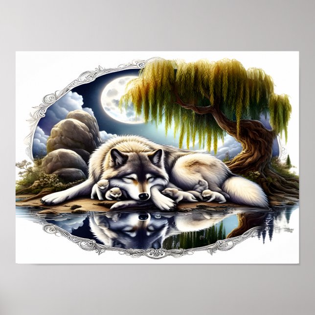 Mondlicht-Stille Ein schlummernder Wolf 16x12 Poster (Vorne)