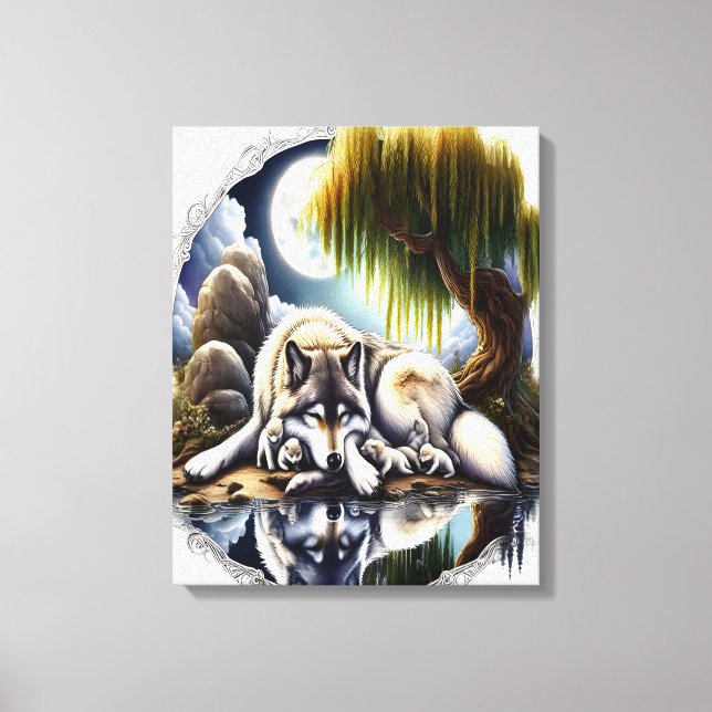 Mondlicht-Stille Ein schlummernder Wolf 16x20 Leinwanddruck (Vorderseite)