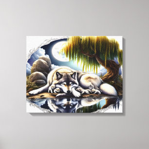 Mondlicht-Stille ein schlummernder Wolf 20x16 Leinwanddruck