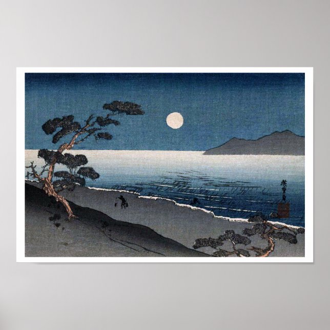 Mondlicht und Lonely Shore, Hiroshige, Ukiyo-e Poster (Vorne)