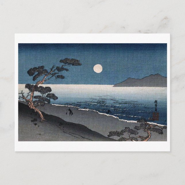 Mondlicht und Lonely Shore, Hiroshige, Ukiyo-e Postkarte (Vorderseite)