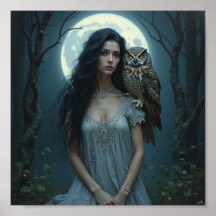 Mondlicht-Wächterin – Fantasy-Frau & Eule Kunstpos Poster