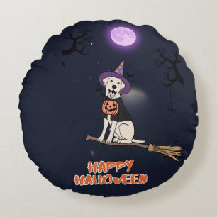 Mondlicht-Welpe – Halloween-Hund mit Hexenhut Rundes Kissen