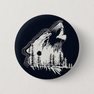 Mondlicht Winter Wolf Pine Tree Forest Button