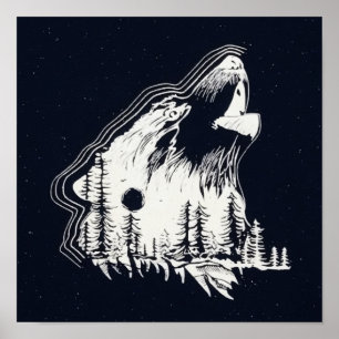 Mondlicht Winter Wolf Pine Tree Forest Poster