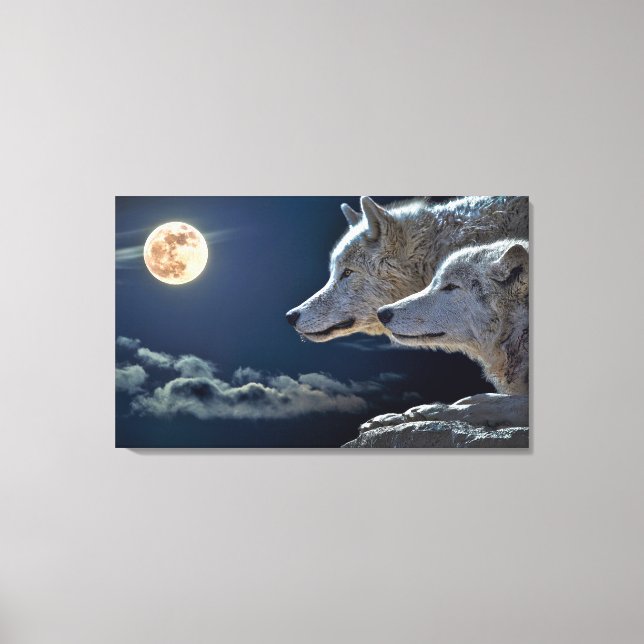Mondlicht-Wolf-Paar. Motivierend Wandkunst Leinwanddruck (Vorderseite)