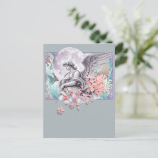 Mondlichtengel — Mond & rosa Blüten, gedämpfte Pal Feiertagspostkarte