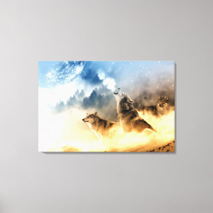 Mondlichtwolf im Foto der Bergwälder. Leinwanddruck