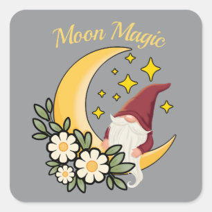 Mondmagie Süßer Gnom auf zunehmendem Mond Florale Quadratischer Aufkleber