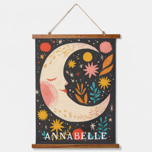 Mondnacht-Himmel Boho-Blumenillustration Vorname Wandteppich Mit Holzrahmen