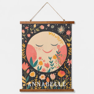 Mondnacht-Himmel Boho-Blumenillustration Vorname Wandteppich Mit Holzrahmen