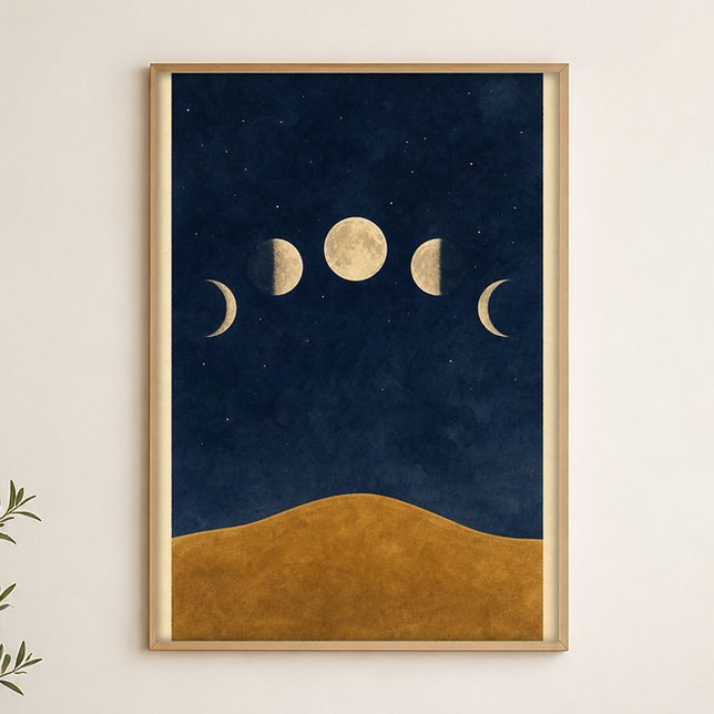 Mondphasen-Hügel Aquarell Himmelskunst Poster (Shown framed for scale. Poster ships unframed; frames are an optional add-on.)