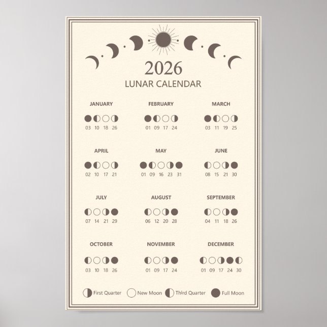 Mondphasen-Kalender 2026 Minimalistisch Poster (Vorne)