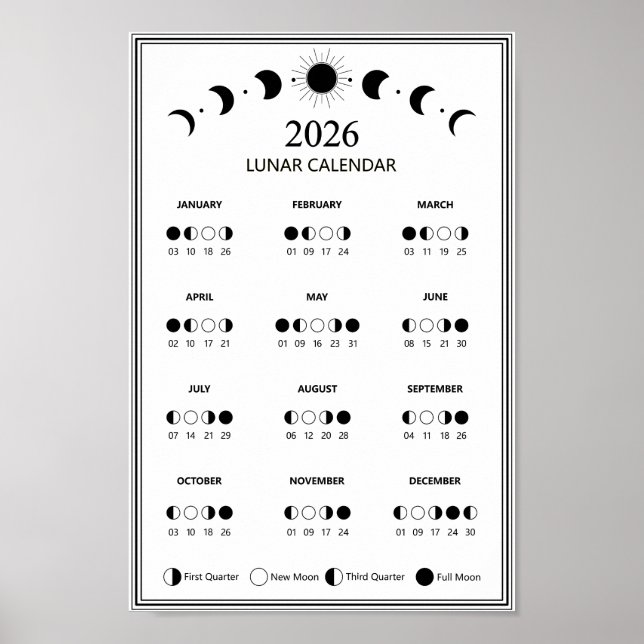 Mondphasen-Kalender 2026 Minimalistisch Poster (Vorne)