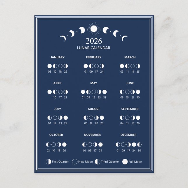 Mondphasen-Kalender 2026 Minimalistisch Postkarte (Vorderseite)