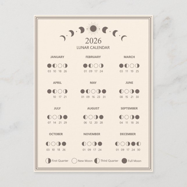 Mondphasen-Kalender 2026 Minimalistisch Postkarte (Vorderseite)