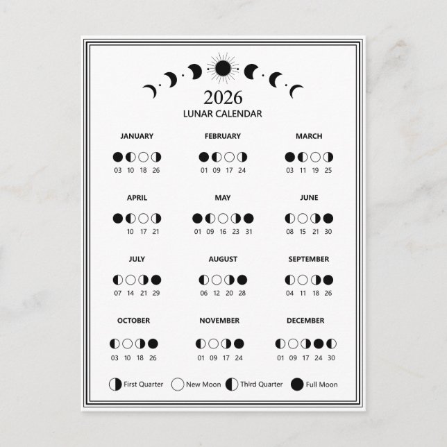 Mondphasen-Kalender 2026 Minimalistisch Postkarte (Vorderseite)