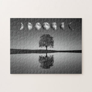 Mondphasen & leuchtende Sterne, einzelner Baum & S Puzzle
