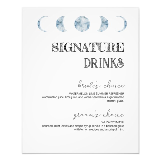 Mondphasen Signature Drinks Hochzeitplakat Bar Fotodruck (Vorne)