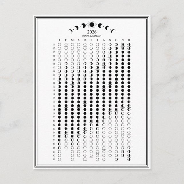 Mondphasen-Zyklen 2026 Minimalistischer Kalender Postkarte (Vorderseite)
