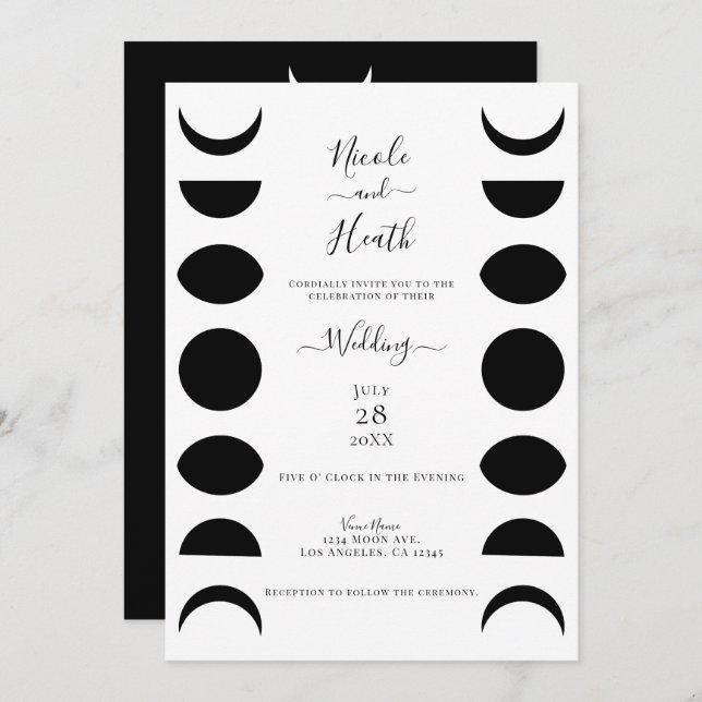 Mondphasen Zyklen Schwarz & Weiß Hochzeit Einladung (Vorne/Hinten)