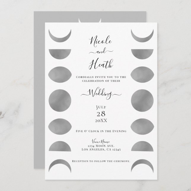 Mondphasen Zyklen Silver Gray & White Wedding Einladung (Vorne/Hinten)