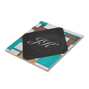 Mondrian Brown Yellow Aquamarin Print Fliese