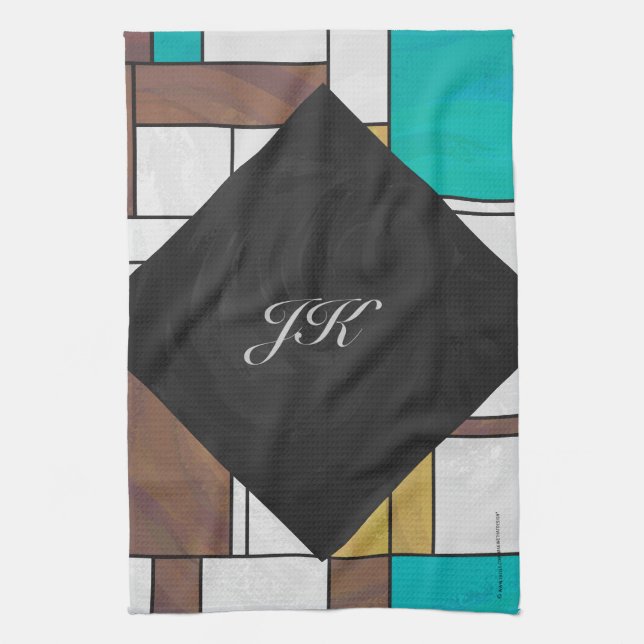 Mondrian Brown Yellow Aquamarin Print Geschirrtuch (Vertikal)