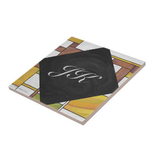 Mondrian Brown Yellow Green Print Fliese