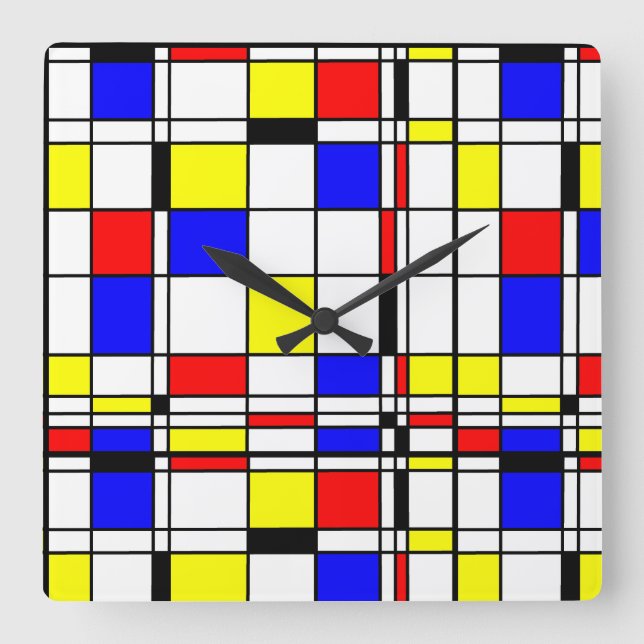 Mondrian bunt Minimalistisch De Stijl Moderne Kuns Quadratische Wanduhr (Vorderseite)