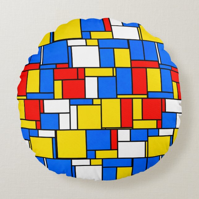 Mondrian Inspiriert Style Red Blue Yellow Pattern Rundes Kissen (Vorderseite)