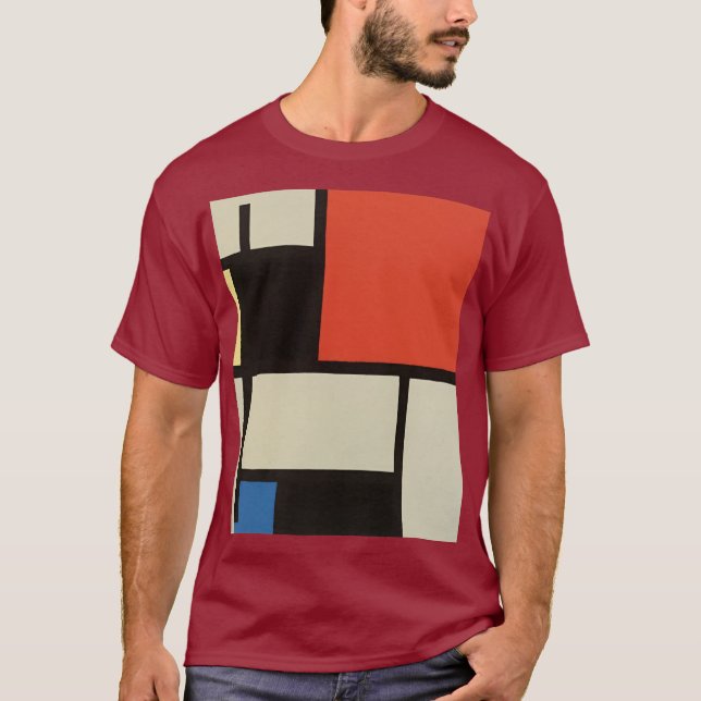 Mondrian Komposition Moderner Abstrakter Maroon T-Shirt (Vorderseite)