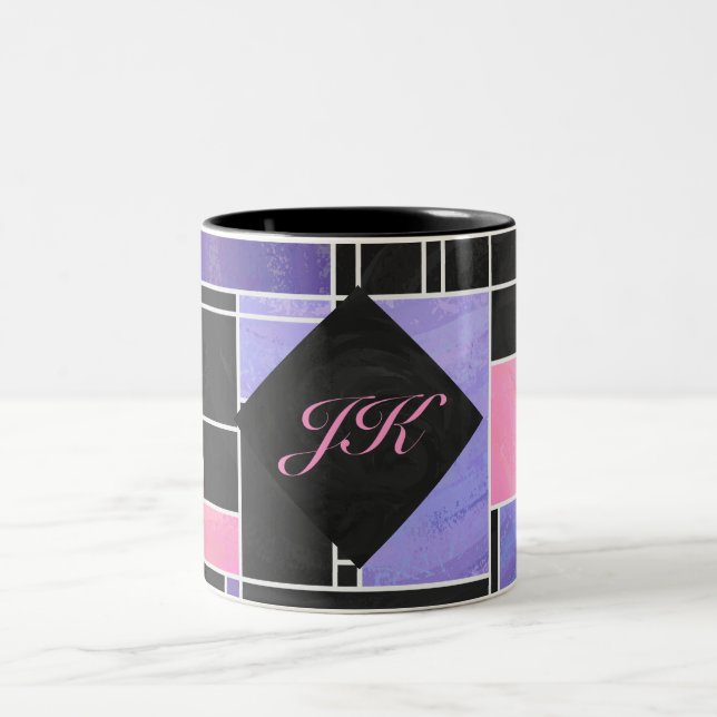 Mondrian Lila Pink Black Print Zweifarbige Tasse (Mittel)