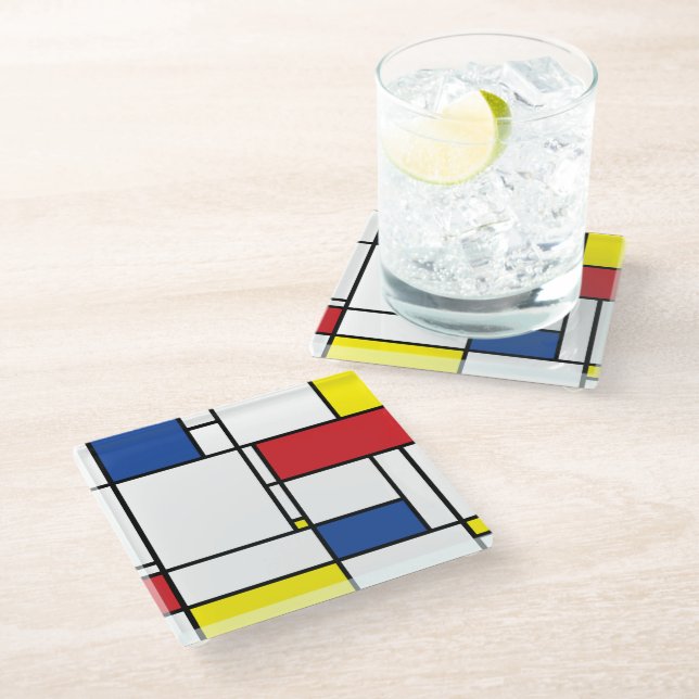 Mondrian Minimalistisch Geometric De Stijl Moderne Glasuntersetzer (Schrägansicht)