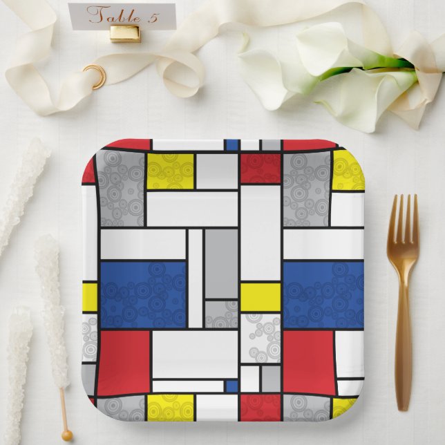 Mondrian Retro Kreise Minimalistischer De Stijl Mo Pappteller (Hochzeit)